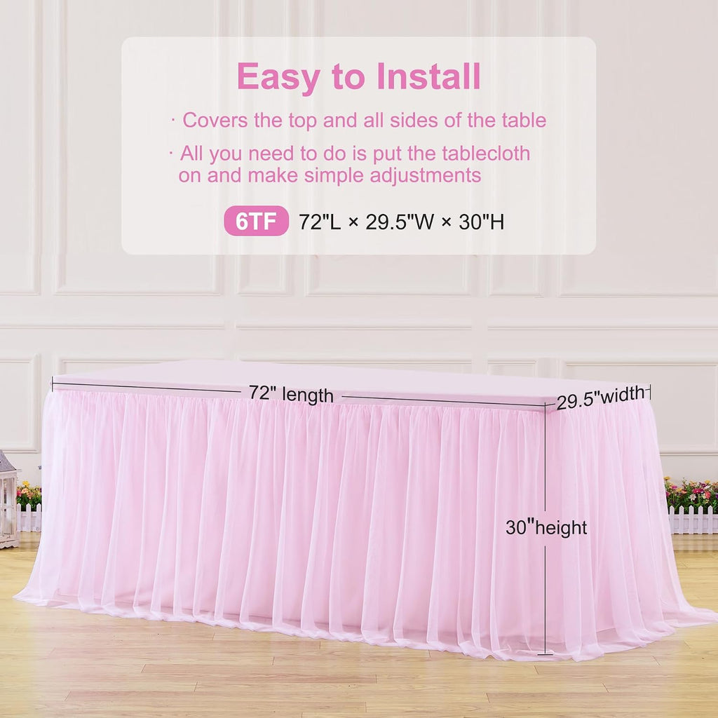 Pink Table Cloths for Parties Light Pink Tulle Tablecloth Rectangle, Pink Tulle Table Skirt Rectangle Table 6ft Fitted Table Covers Stretch Elastic Banquet Party Baby Shower Wedding Table Cloth 6 Foot