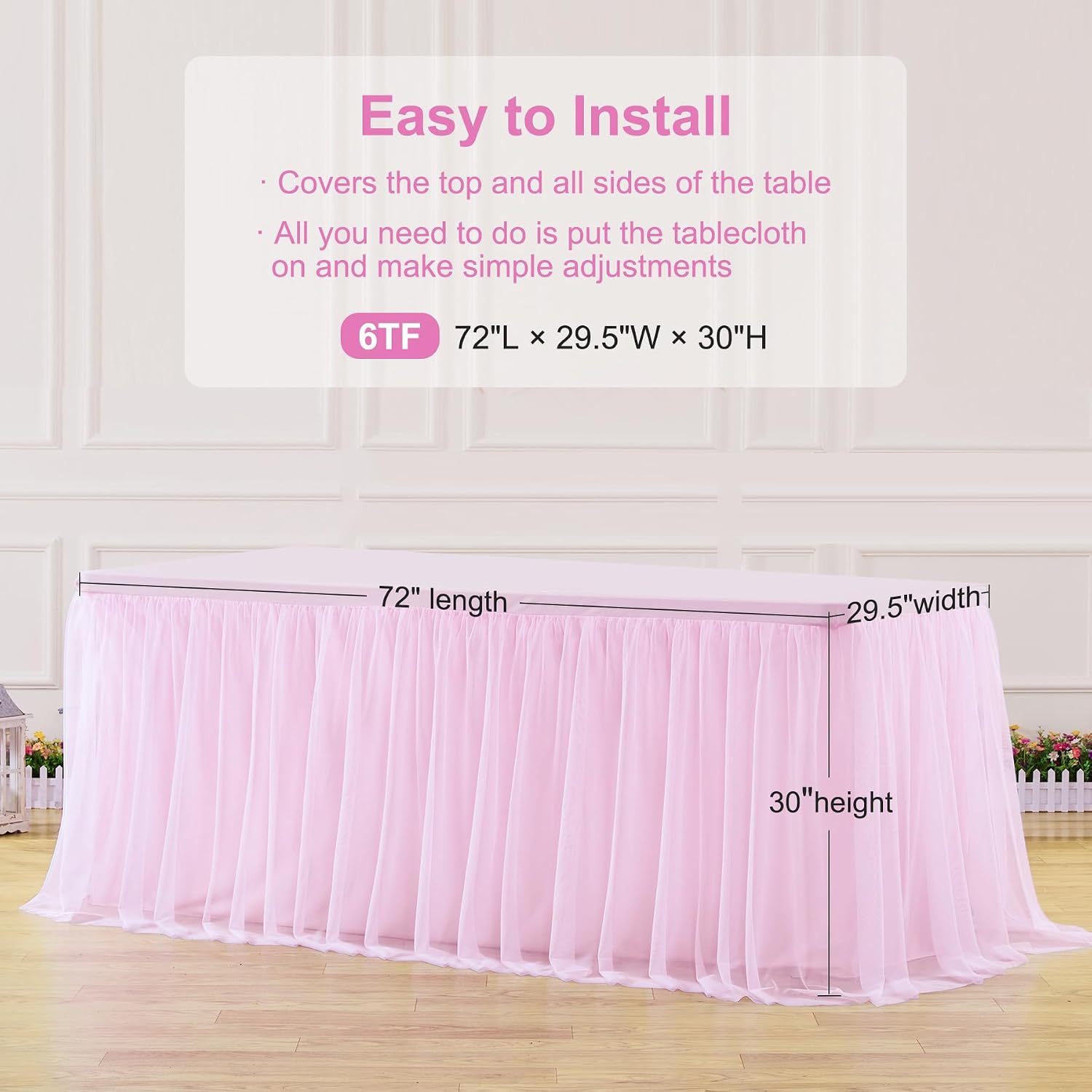 Pink Table Cloths for Parties Light Pink Tulle Tablecloth Rectangle, Pink Tulle Table Skirt Rectangle Table 6ft Fitted Table Covers Stretch Elastic Banquet Party Baby Shower Wedding Table Cloth 6 Foot