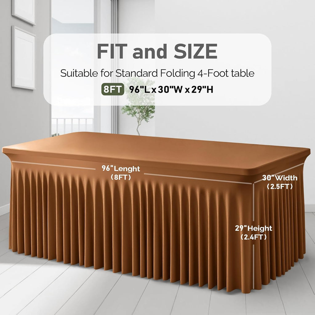 6 Packs Brown Spandex Tableclothes for 8 Foot Rectangle Tables, Wrinkle Free 8ft Fitted Table Cover Stretch Table Cloth Desk Skirt for Weddings Baby Shower Birthday Party Banquet Decorations