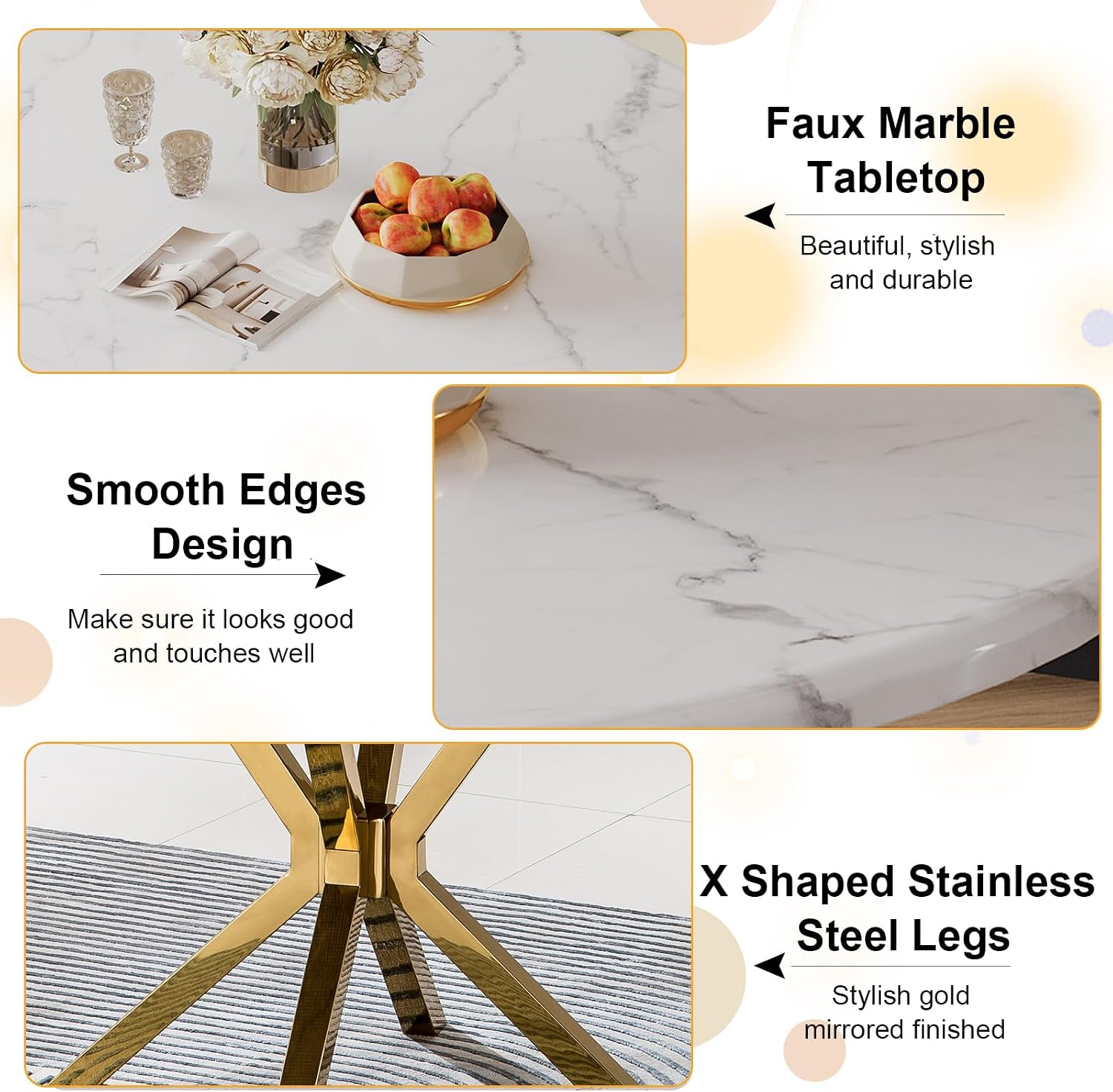 45.28' White Round Marble Dining Table, Circle Dining Room Table with Faux Marble Top & Gold Stainless Steel Leg, Modern Kitchen Table for 2 to 4 Person, Small Round Dinner Table for Dinette Breakfast