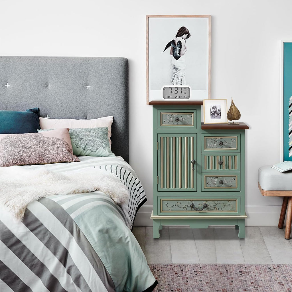 Ahokua Vintage Accent Chest with 5-Drawers and Door Carved Wood Storage Cabinet Modern Dresser for Living Room, Entryway, Hallway, Sage Green