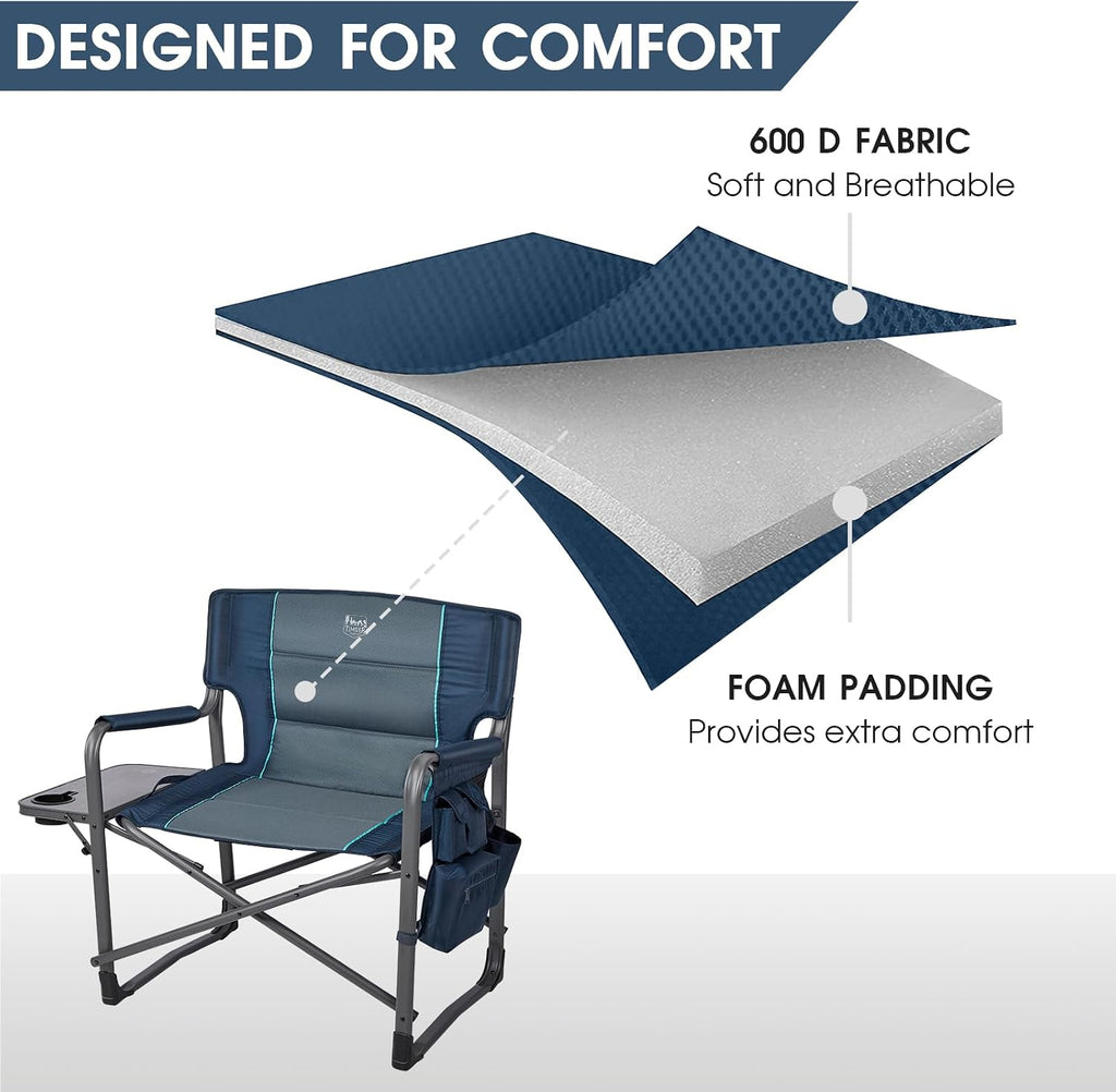 Timber Ridge XXL Upgraded Oversized Directors Chairs with Foldable Side Table, Detachable Side Pocket, Heavy Duty Folding Camping Chair up to 600 Lbs Weight Capacity (Blue) Ideal Gift