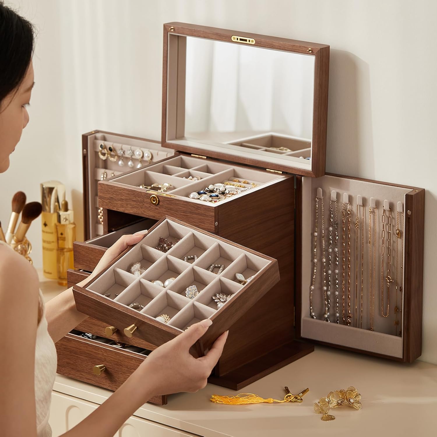 Black Walnut Wooden Jewelry Box, Wood Jewelry Organizer with 2 Side Doors Mirror Lockable Classical Style for Watch Necklace Ring Earring Storage, Ideal Gift-6 Layer