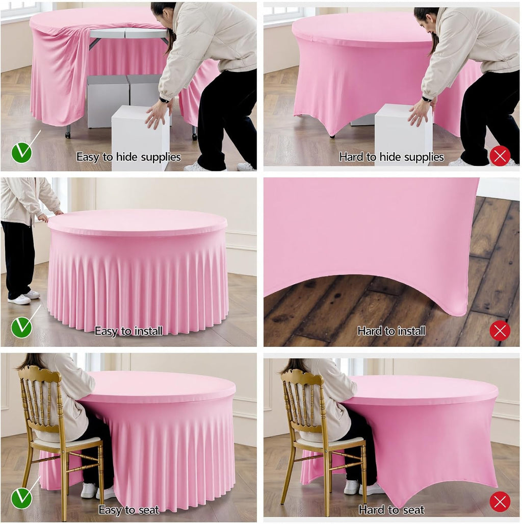 Outpain 8 Pack Pink 72inch Spandex Round Tablecloths, Stretchy 132inch Fitted 6FT Round Table Cloths, Wrinkle Free Table Cover with Skirt for Wedding Party Dining Banquet