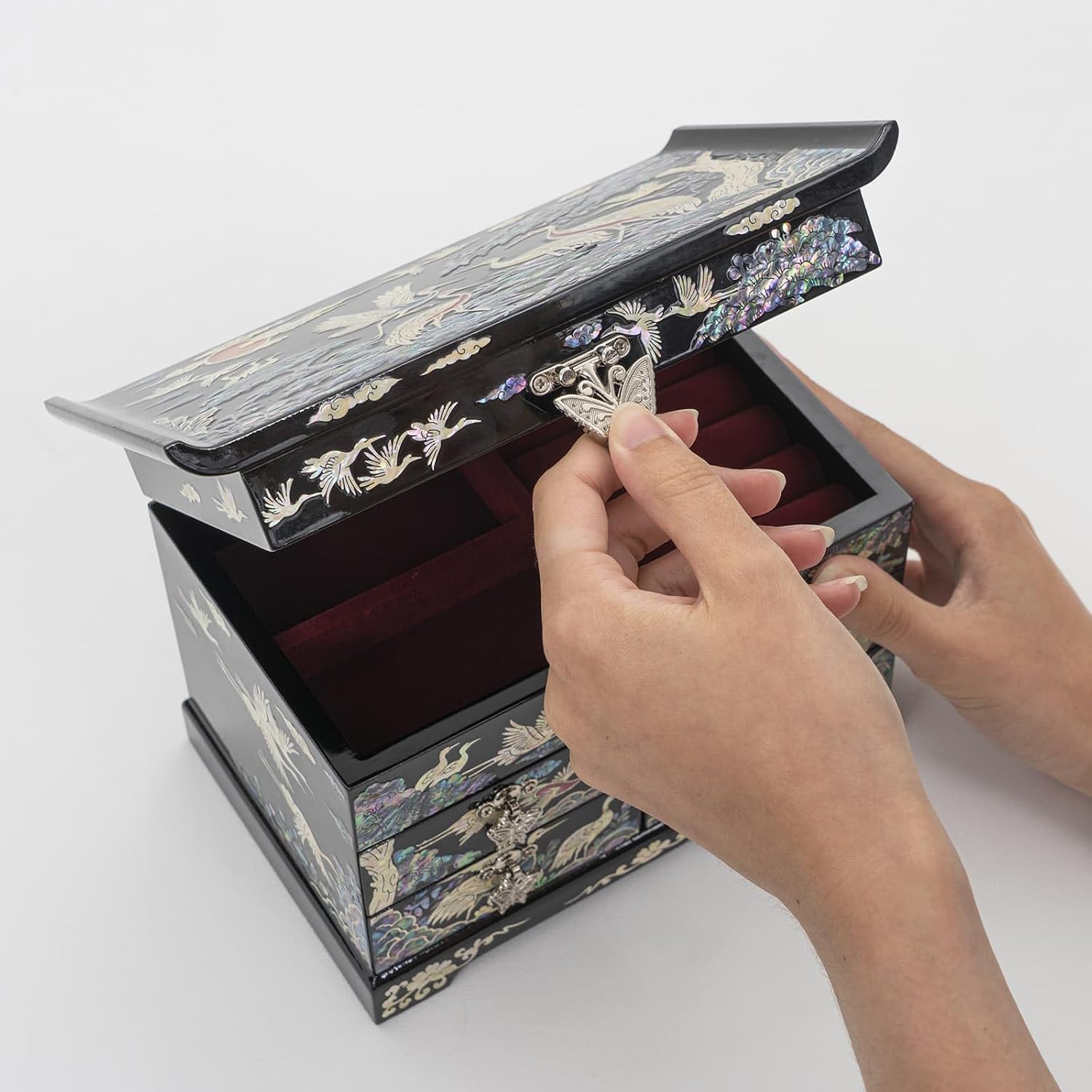 February Mountain Mother of Pearl Wooden Jewelry Organizer Box – Jewelry Storage Box for Women, Features Spacious Drawers, Ideal for Rings, Bracelets, Watches, Chains, Accessories (Colorful Crane)