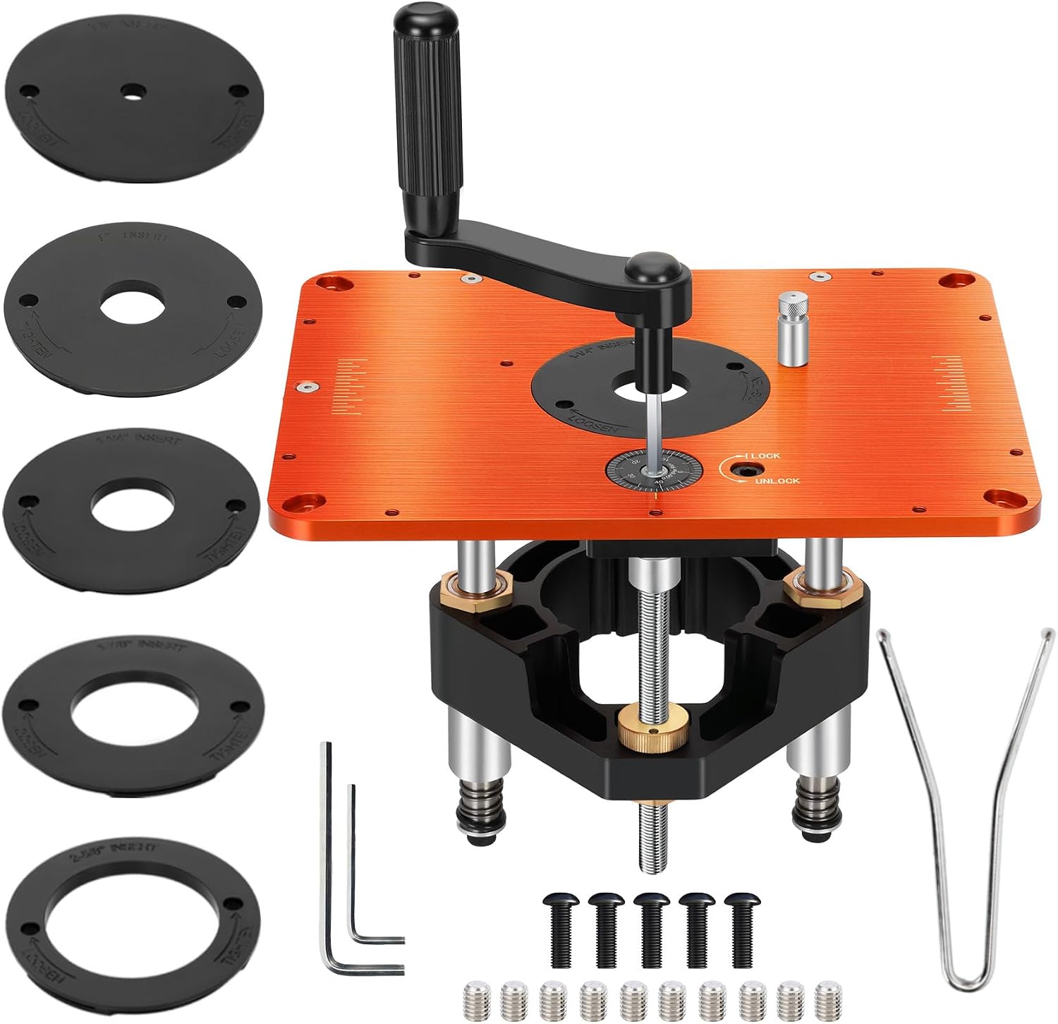 3-1/2' Router Lift System, Precision Router Table Lift for 3-1/2' Diameter Motor, 9-1/4'' x 11-3/4'' Plate 5-Piece Insert Ring Kit Compatible with Bosch, Kreg, Skil, Porter, DeWalt, Craftsman, Ridgid