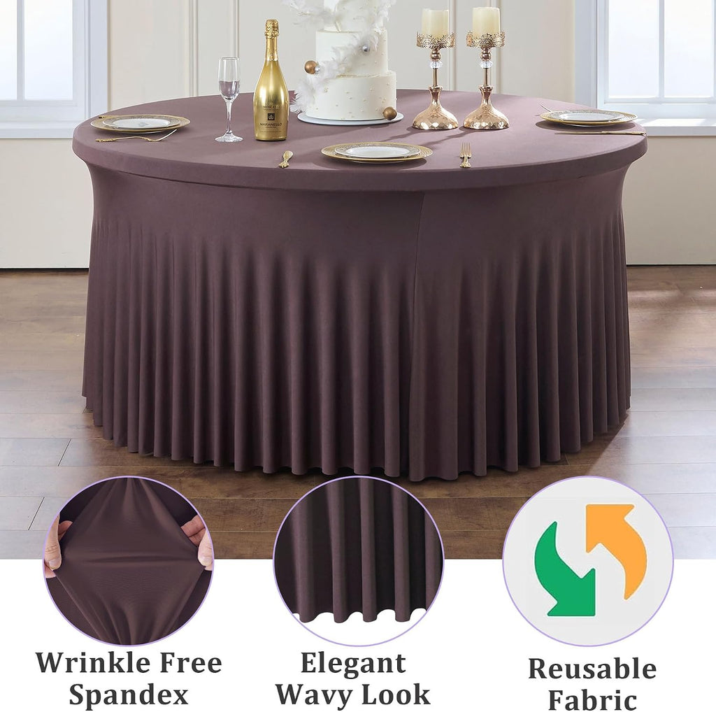 6 Pack Brown Spandex Round Tablecloths for 60 inch Table, Wrinkle Free Stretchy 120inch Fitted 5FT Round Table Cover Cloths with Skirt for Wedding Party Dining Banquet