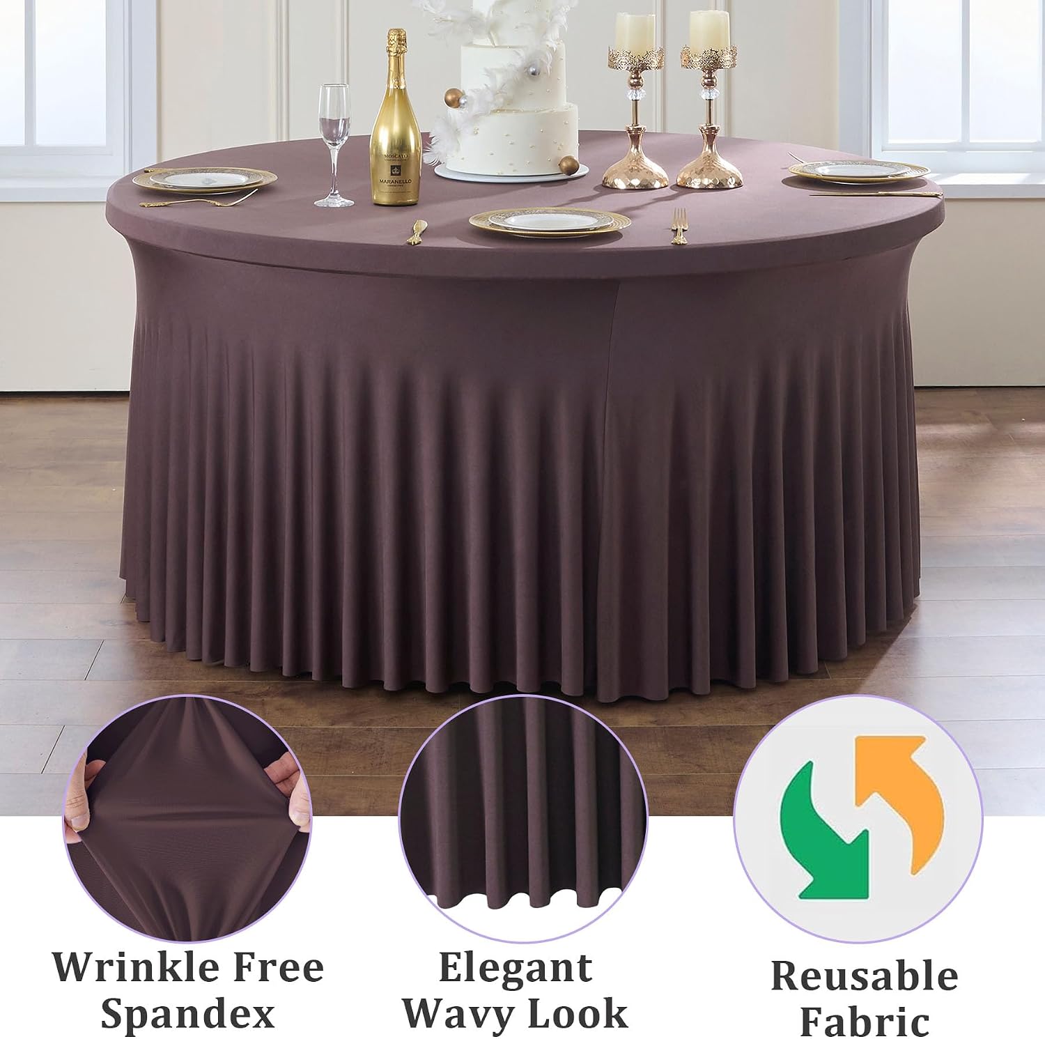 6 Pack Brown Spandex Round Tablecloths for 60 inch Table, Wrinkle Free Stretchy 120inch Fitted 5FT Round Table Cover Cloths with Skirt for Wedding Party Dining Banquet