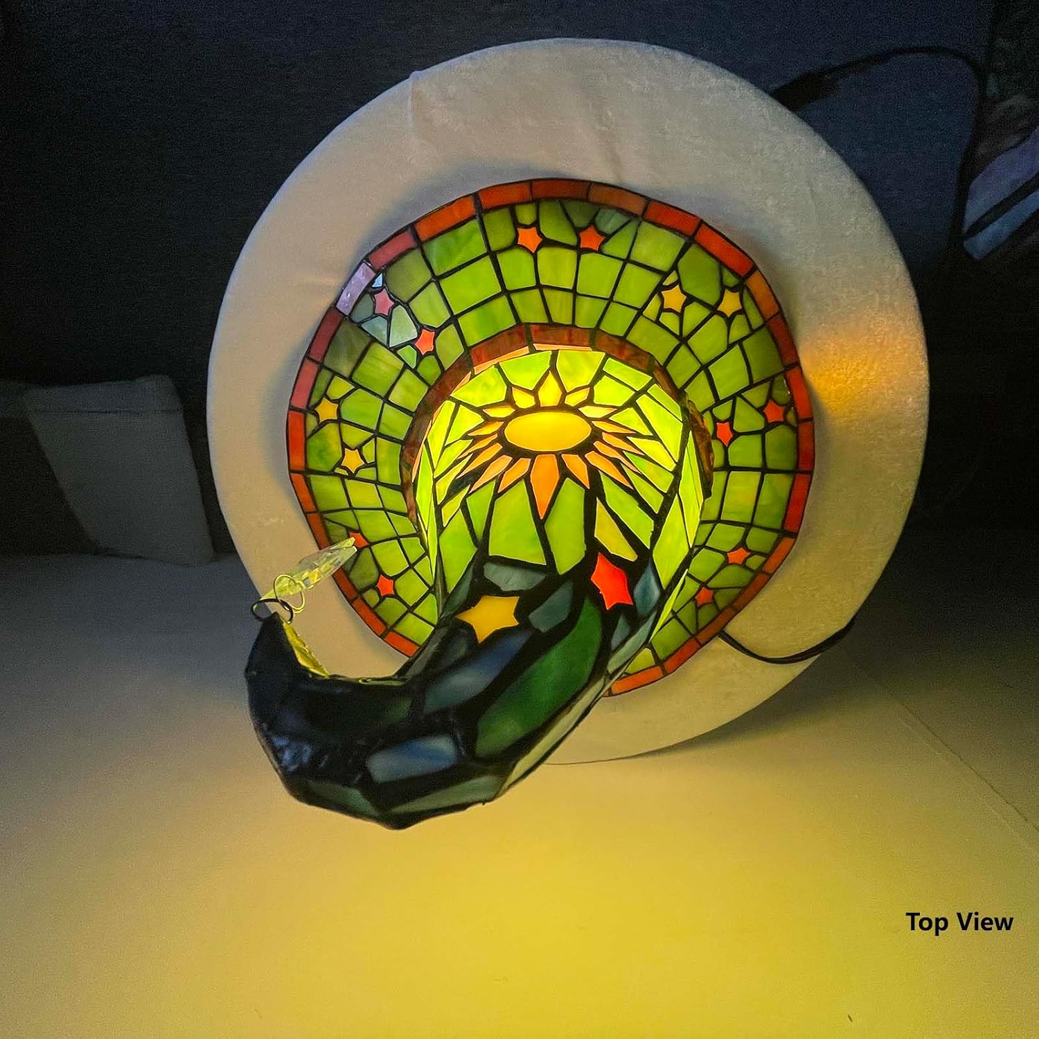 Bieye L13011 Tiffany Style Stained Glass Wizard Hat Table Lamp with Hanging Star, Handcrafted Fantasy Witch Hat Accent Light for Magical Home & Halloween Décor