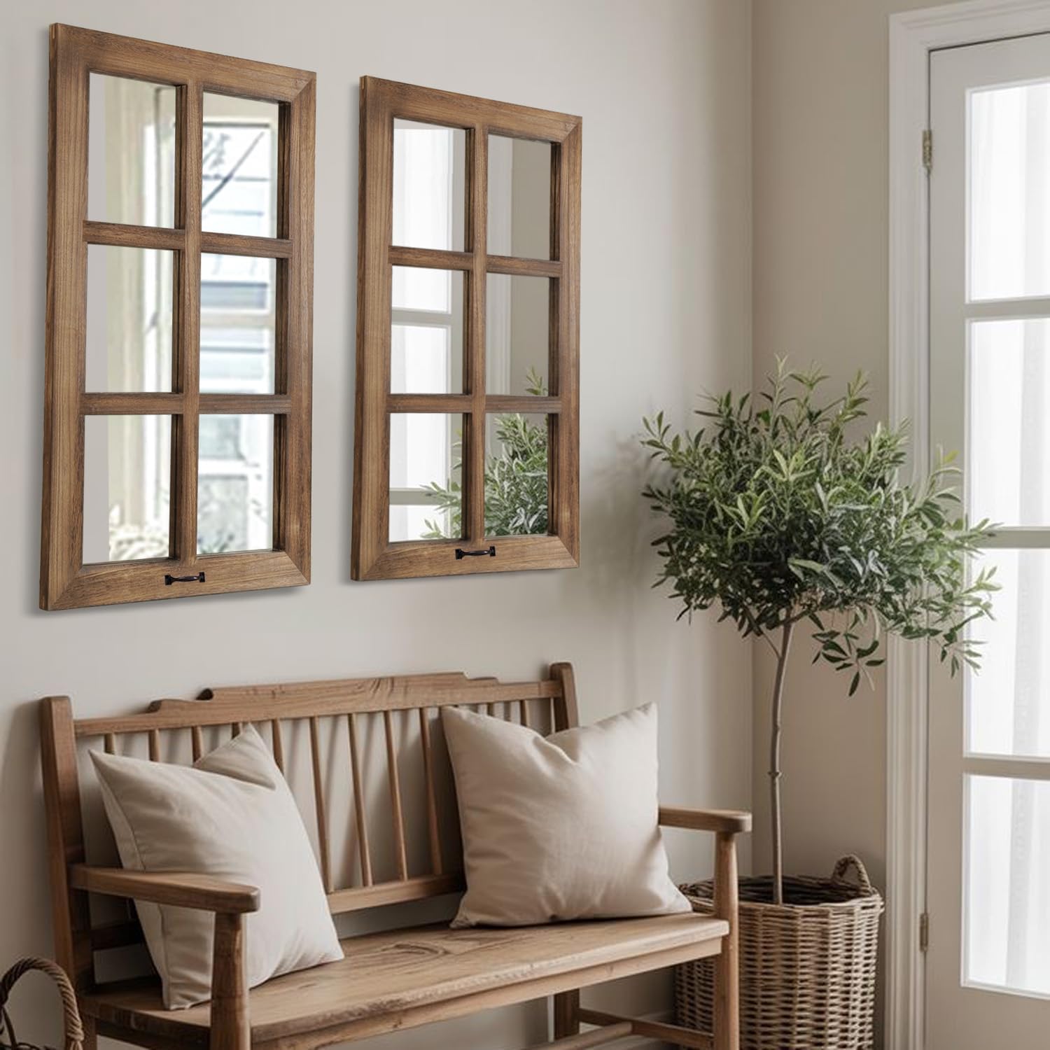 LOSOUR 2 Pack 24x40 Mirrors for Wall Decor, Farmhouse Distressed Wood Windowpane Mirror, Rustic Home Wall Decor Accents for Bedroom Living Room Dining Room, Kitchen, Mantle (2, Brown, 40' L x 24' W)