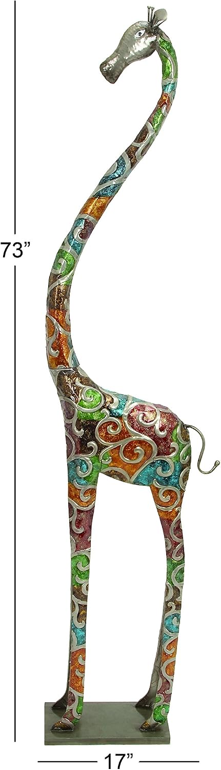 Deco 79 Metal Giraffe Decorative Sculpture Indoor Outdoor Tall Home Decor Statue with Detailed Embossed Scrollwork, Accent Figurine 17' x 7' x 73', Multi Colored