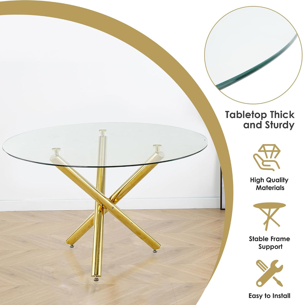 5 Piece Golden Luxury Round Glass Dining Set, Modern Minimalist Circle Kitchen Table Set for 4, 47'' Clear Circular Glass Top Dinner Room Set, Black High-end Tufted Chairs, for Large Place