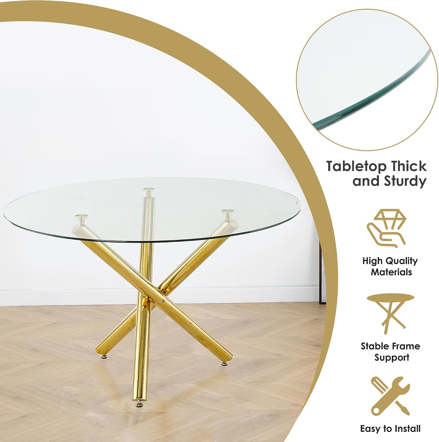 5 Piece Golden Luxury Round Glass Dining Set, Modern Minimalist Circle Kitchen Table Set for 4, 47'' Clear Circular Glass Top Dinner Room Set, Black High-end Tufted Chairs, for Large Place