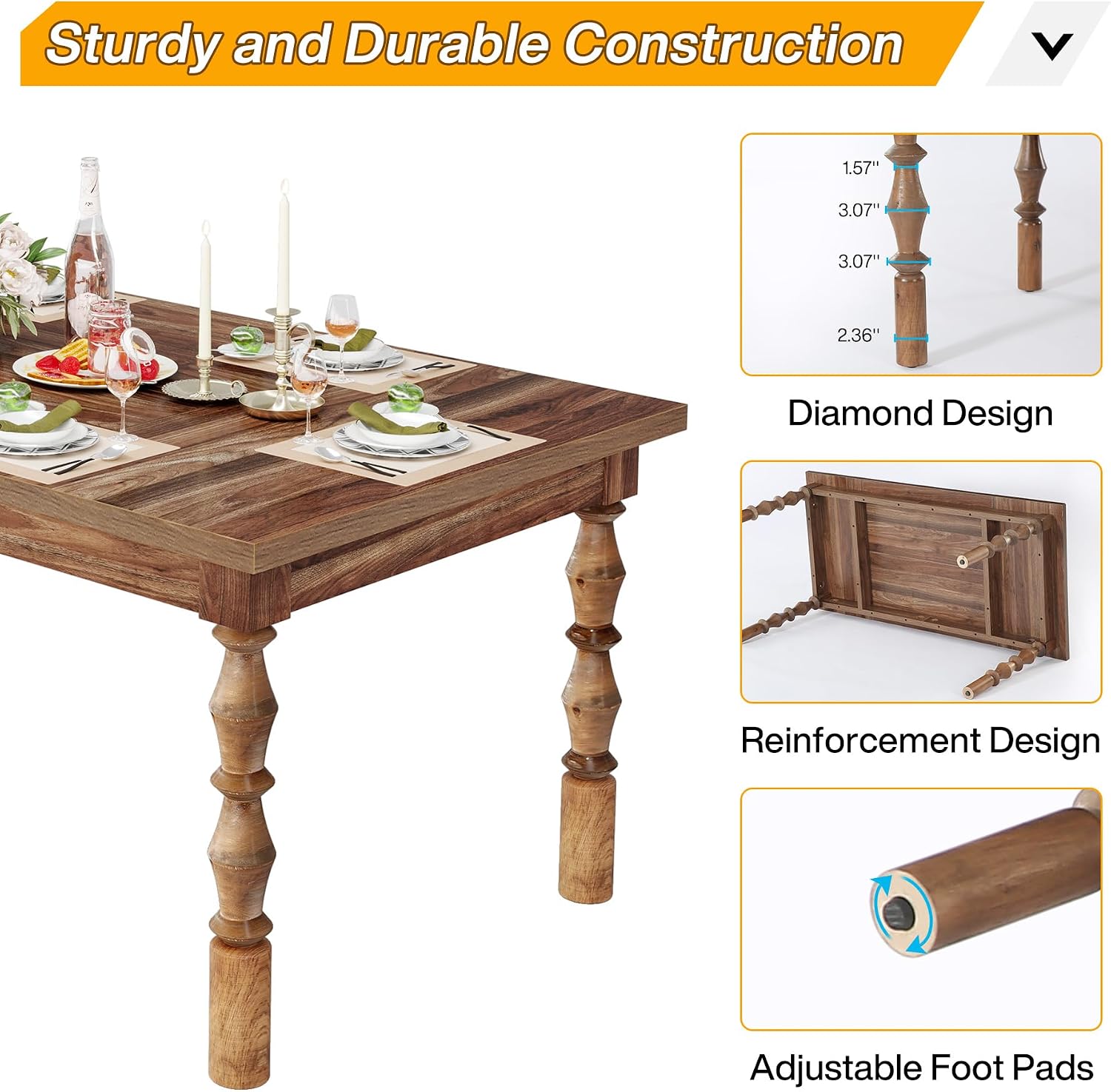 Tribesigns 62' Farmhouse Dining Table for 4-6 People, Large Rectangle Kitchen Table, Dinner Table Kitchen & Dining Room Furniture with Carved Turned Legs