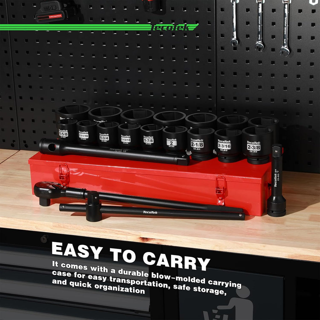 TecoTek 1' Drive Jumbo Shallow Impact Socket Set, 21-Piece Jumbo Assortment, SAE, 1-5/8 Inch to 3-1/8 Inch, CR-MO Steel, Ratchet, Extension Bar and Metal Case