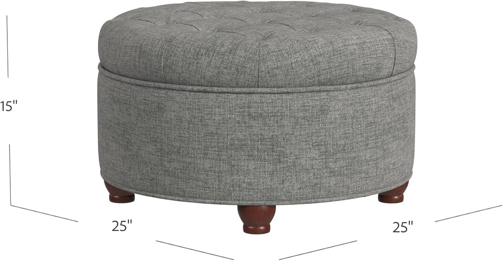 Homepop Home Decor |Button Tufted Woven Round Storage Ottoman | Ottoman with Storage for Living Room & Bedroom (Gray Woven)