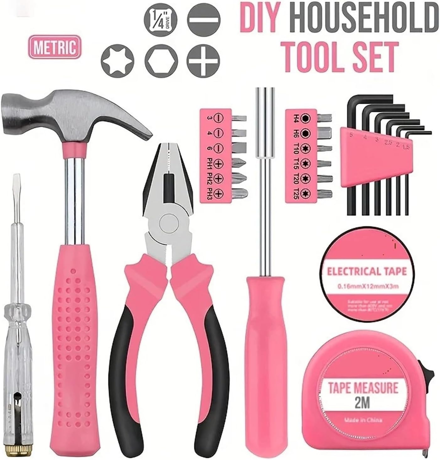 13pcs pink household manual toolbox, including pliers, tape measure hammers, and other tools, can be used Compatible with home repairs.(Art knife style)