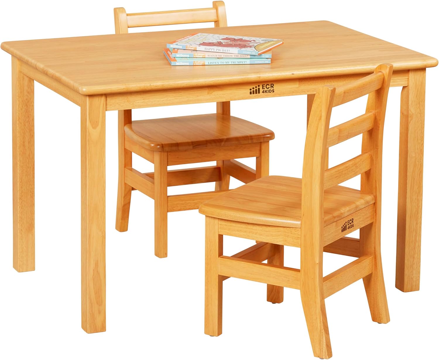 ECR4Kids 24in x 36in Rectangular Hardwood Table and Chair Set, 12in Seat Height, Kids Furniture, Honey, 3-Piece