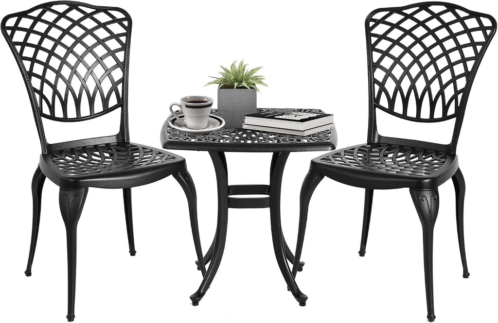 HOMEFUN Thickened Heavy-Duty Cast Aluminum Bistro Set of 2 Outdoor 3 Piece Patio Furniture, Ultra Sturdy Rustproof All-Weather for Garden Balcony, Black