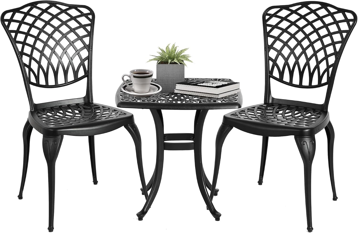 HOMEFUN Thickened Heavy-Duty Cast Aluminum Bistro Set of 2 Outdoor 3 Piece Patio Furniture, Ultra Sturdy Rustproof All-Weather for Garden Balcony, Black