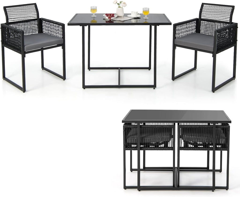 Tangkula 3 Pieces Outdoor Dining Set, Patio PE Rattan Furniture Set with Folding Backrest, Cozy Seat Cushions, Tempered Glass Tabletop, Space-Saving Rattan Chair Table Set for Backyard, Poolside