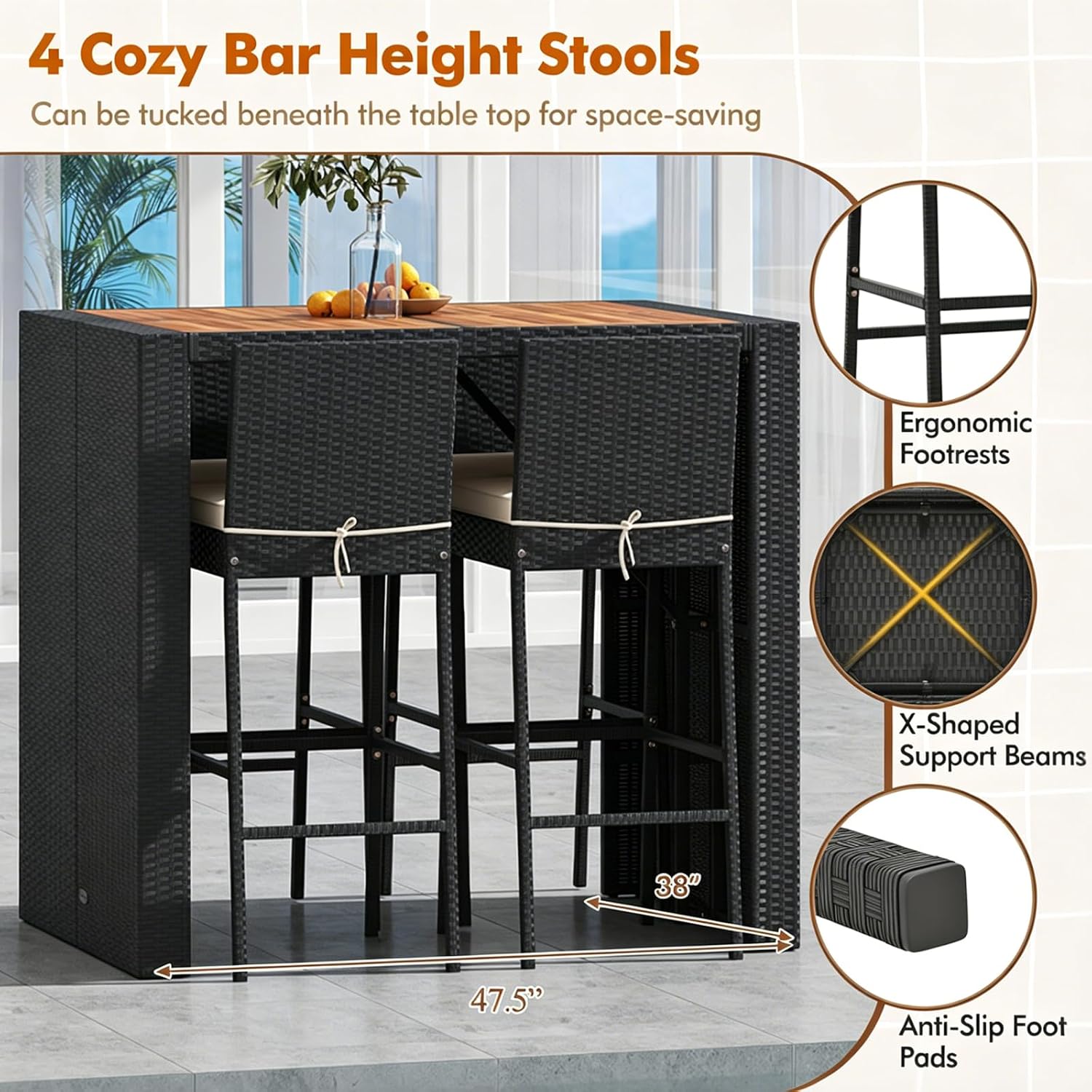 COSTWAY 5 Piece Patio Bar Set, Outdoor Rattan Wicker Bar Table and 30'' High Top Chairs Set with Acacia Wood Tabletop and Cushions for Poolside, Backyard