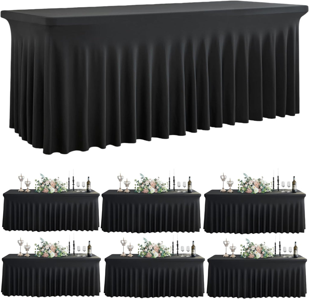 Outpain Black Spandex Tablecloth for 8 Foot Rectangle Tables, 6 Pack Black Wrinkle Free Fitted Table Cloths 8ft Stretchy Banquet Table Clothes Cover Desk Skirt for Birthday Wedding Parties Baby Shower
