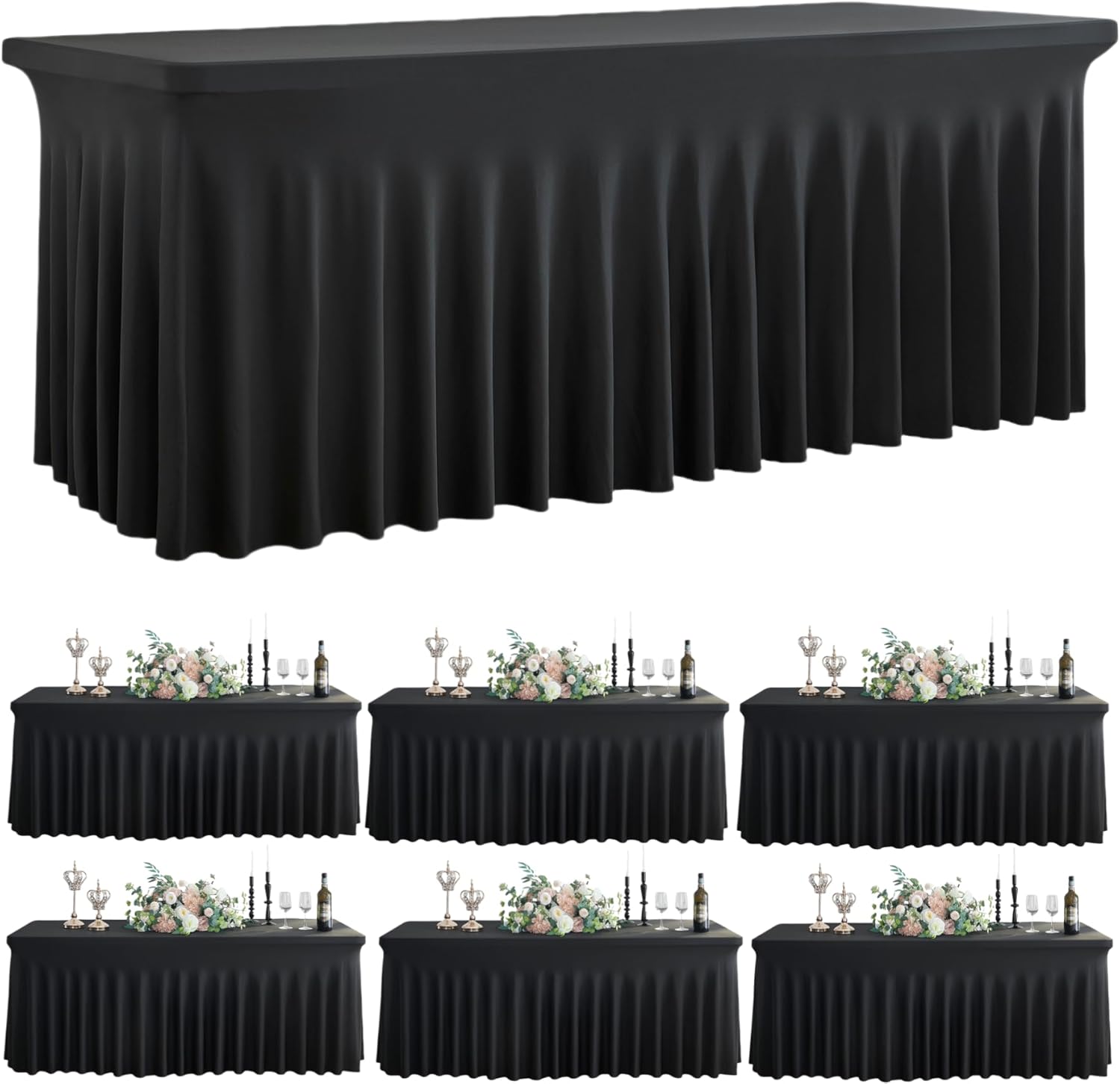 Outpain Black Spandex Tablecloth for 8 Foot Rectangle Tables, 6 Pack Black Wrinkle Free Fitted Table Cloths 8ft Stretchy Banquet Table Clothes Cover Desk Skirt for Birthday Wedding Parties Baby Shower