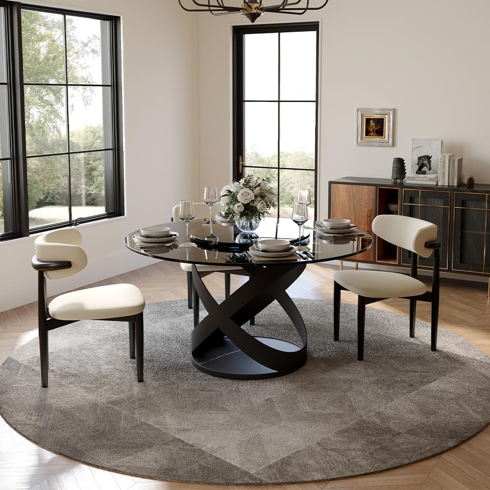 POVISON 51' Modern Round Dining Table with Lazy Susan, Glass Round Kitchen Table for 4, Tempered Glass Dining Room Table top with Black X Carbon Steel Base (Dining Table Only)