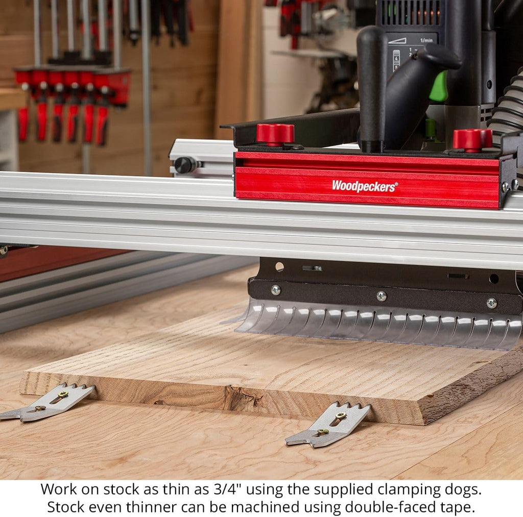 Woodpeckers Slab Flattening Mill Pro, Extended, 48'x134' Capacity, USA Made Wood Slab Leveling Jig, Integrated Dust Collection, Router Sled, Rails, Clamping Dogs