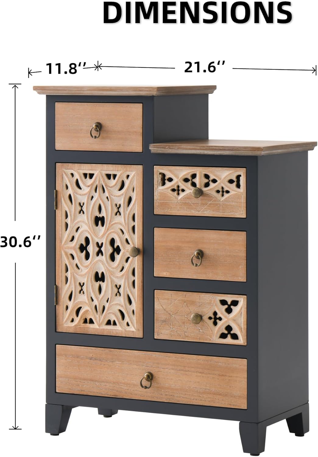 Ahokua Farmhouse Accent Chest with Carved Door and 5-Drawers, Vintage Storage Cabinet Modern Dresser for Living Room, Entryway, Hallway, Multi-Drawer Organizer, Natural and Deep Blue