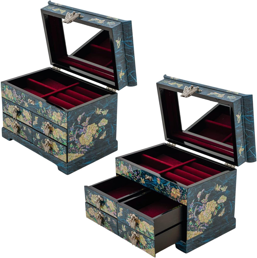 February Mountain Mother of Pearl Wooden Jewelry Organizer Box – Jewelry Storage Box for Women, Features Spacious Drawers, Ideal for Rings, Bracelets, Watches, Chains, Accessories (Peony_Blue)