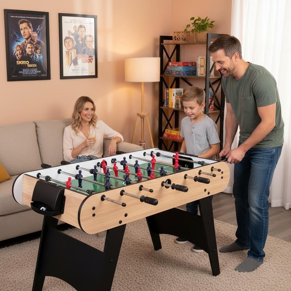 48'' Soccer Table, Large Size Foosball Game Table for Adult, Football Table with Cup Hloders & Sturdy Leg for Game Rooms & Parties, Light Brown