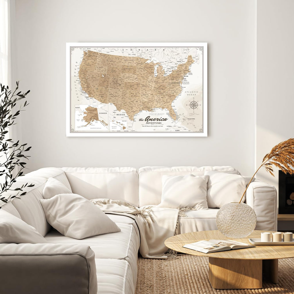 IPIC - Large Vintage Push Pin Travel Map USA, Pin Board Canvas Wall Art, United States Maps for Wall, Giclee Print on Canvas, Handcrafted in USA, 36x24