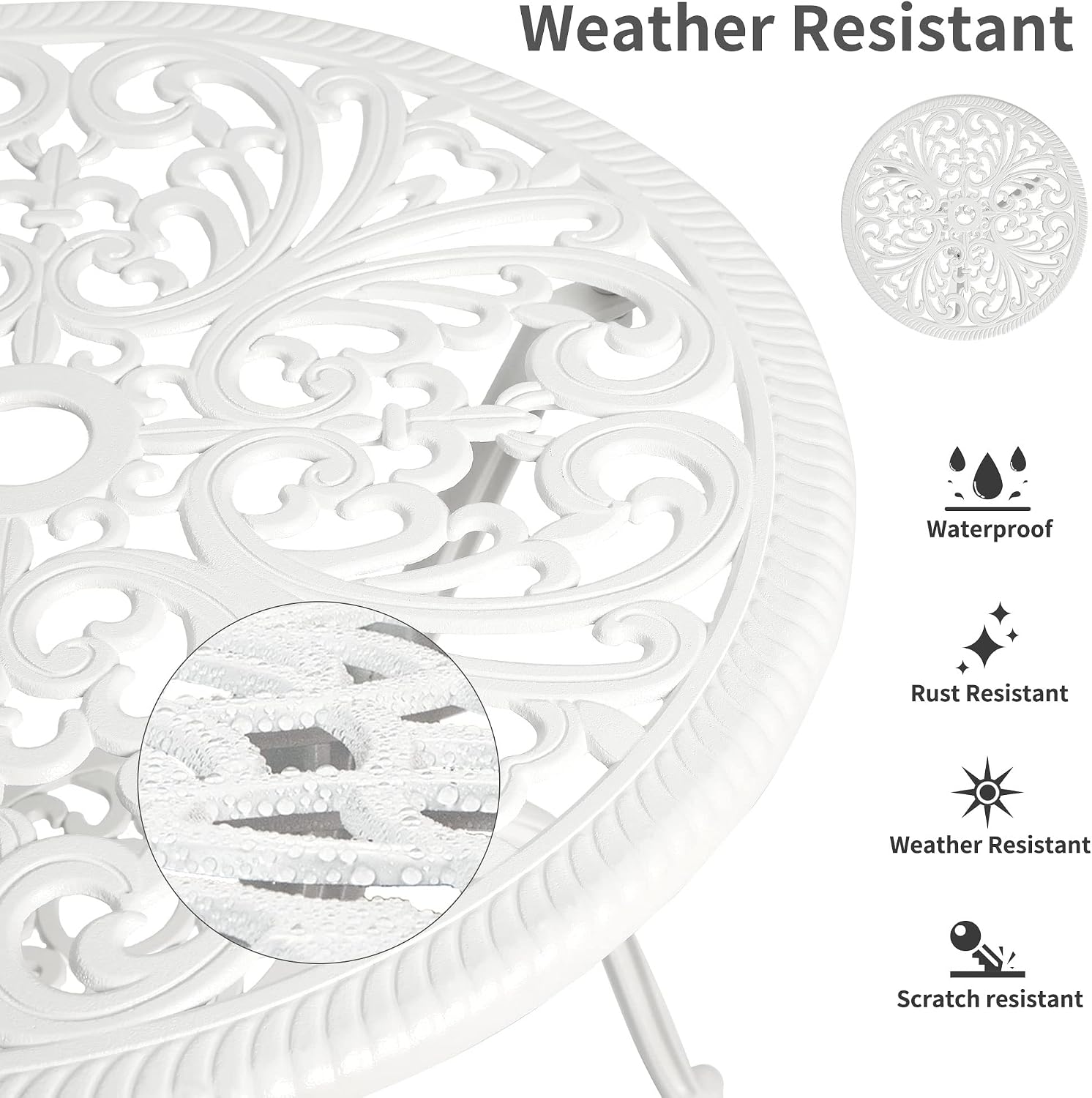 HOMEFUN Bistro Table and Chairs Set of 2 Outdoor 3 Piece Patio Set Butterfly Pattern Cast Aluminum Bistro for Garden Balcony, Durable Rust All-Weather Resistance (White)