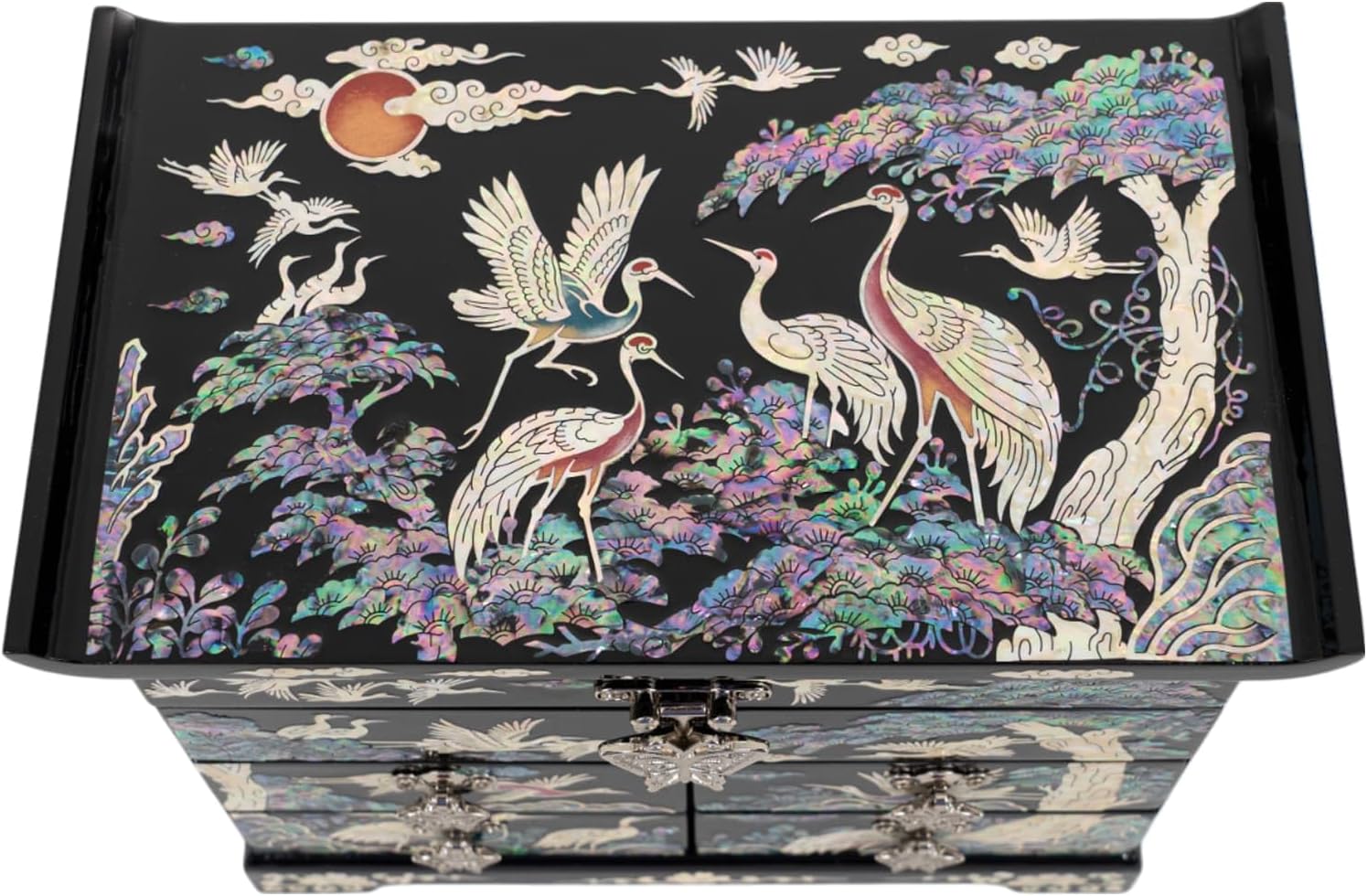 February Mountain Mother of Pearl Wooden Jewelry Organizer Box – Jewelry Storage Box for Women, Features Spacious Drawers, Ideal for Rings, Bracelets, Watches, Chains, Accessories (Colorful Crane)