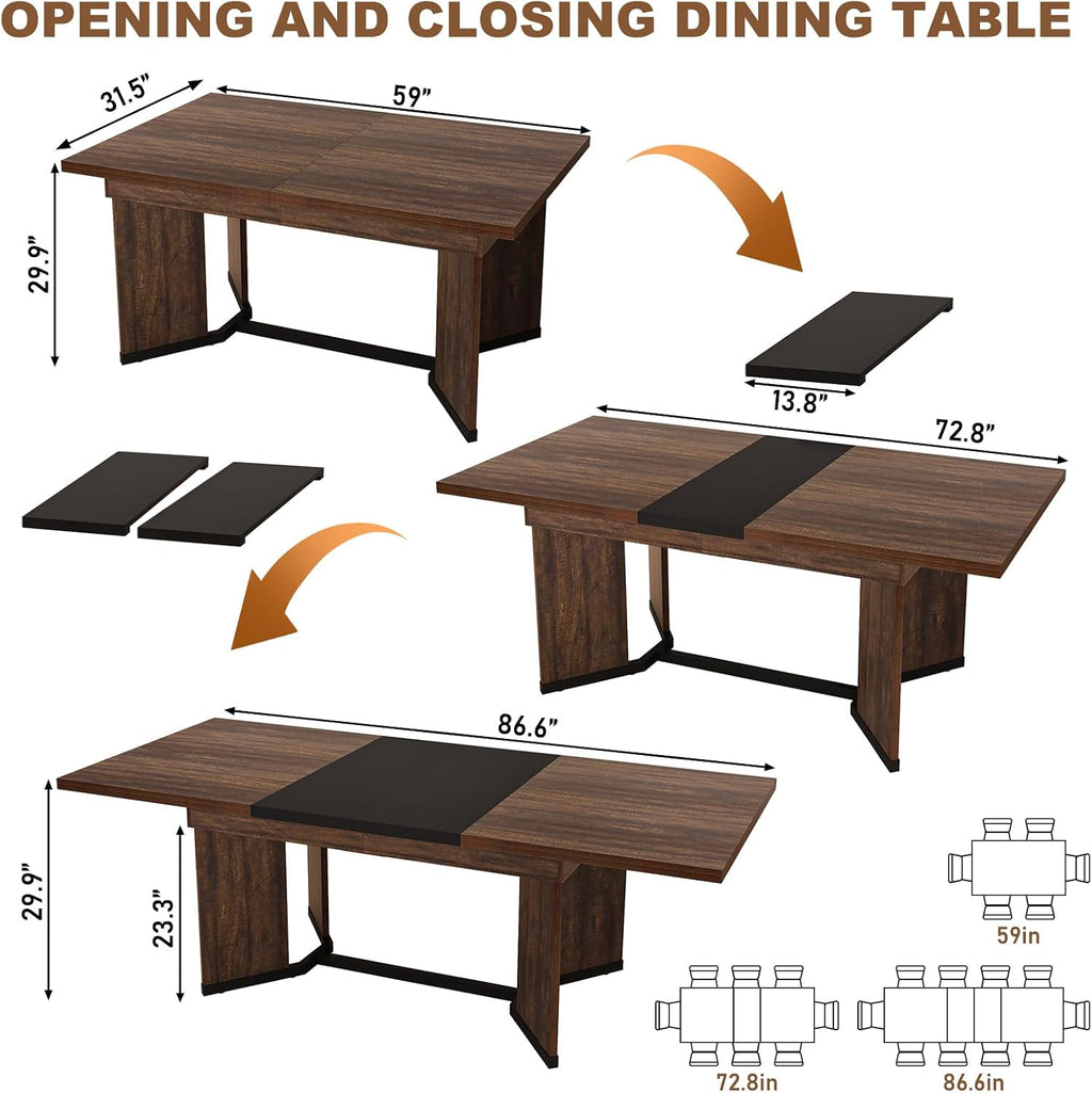 59'-86' Extendable Dining Table for 6 8 10 People,86' Farmhouse Rectangle Extending Dining Table w/Removable Leaves Space Saving,Wooden Adjustable Tables for Kitchen Office Living Room(BR+BK)