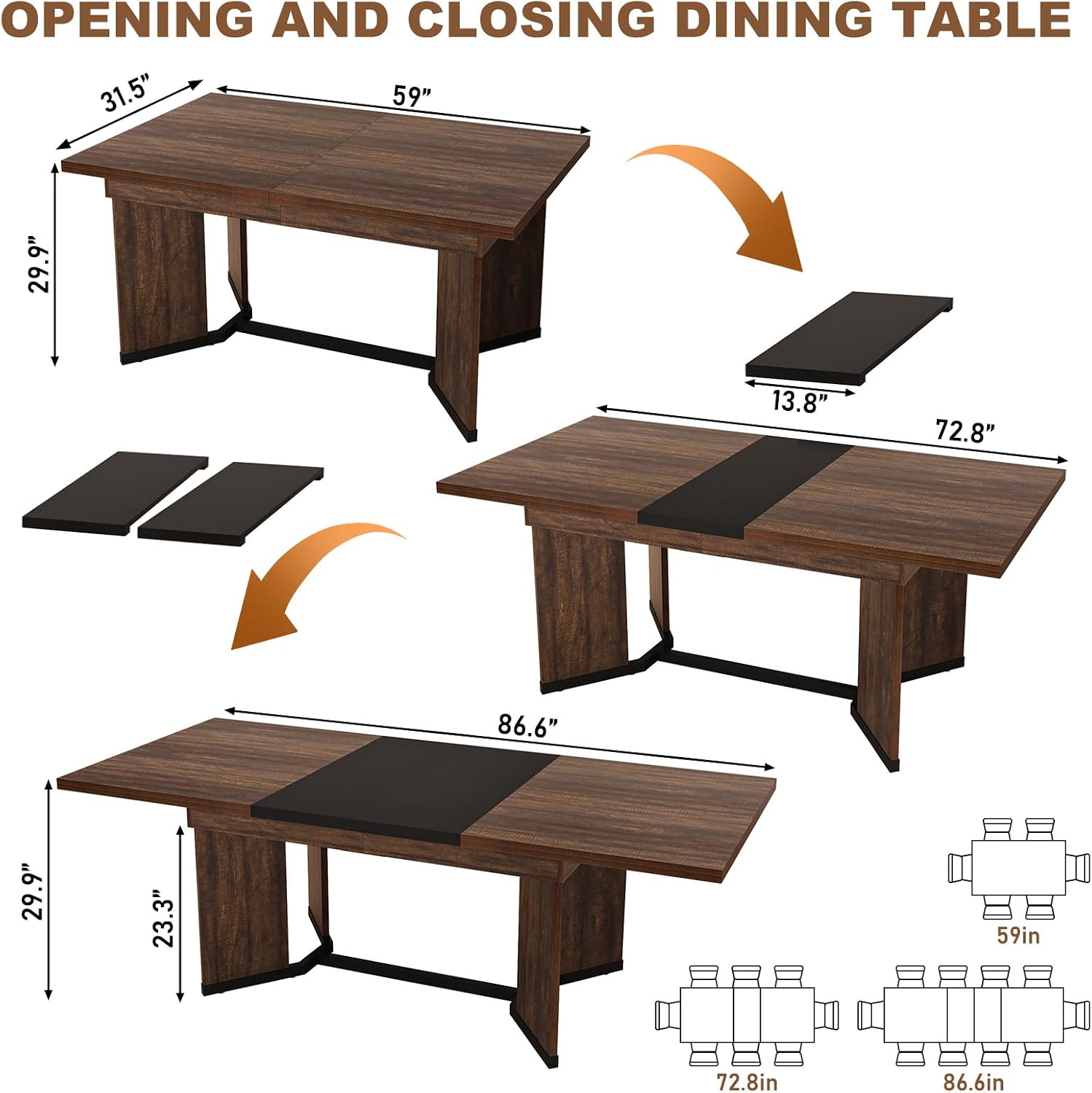 59'-86' Extendable Dining Table for 6 8 10 People,86' Farmhouse Rectangle Extending Dining Table w/Removable Leaves Space Saving,Wooden Adjustable Tables for Kitchen Office Living Room(BR+BK)