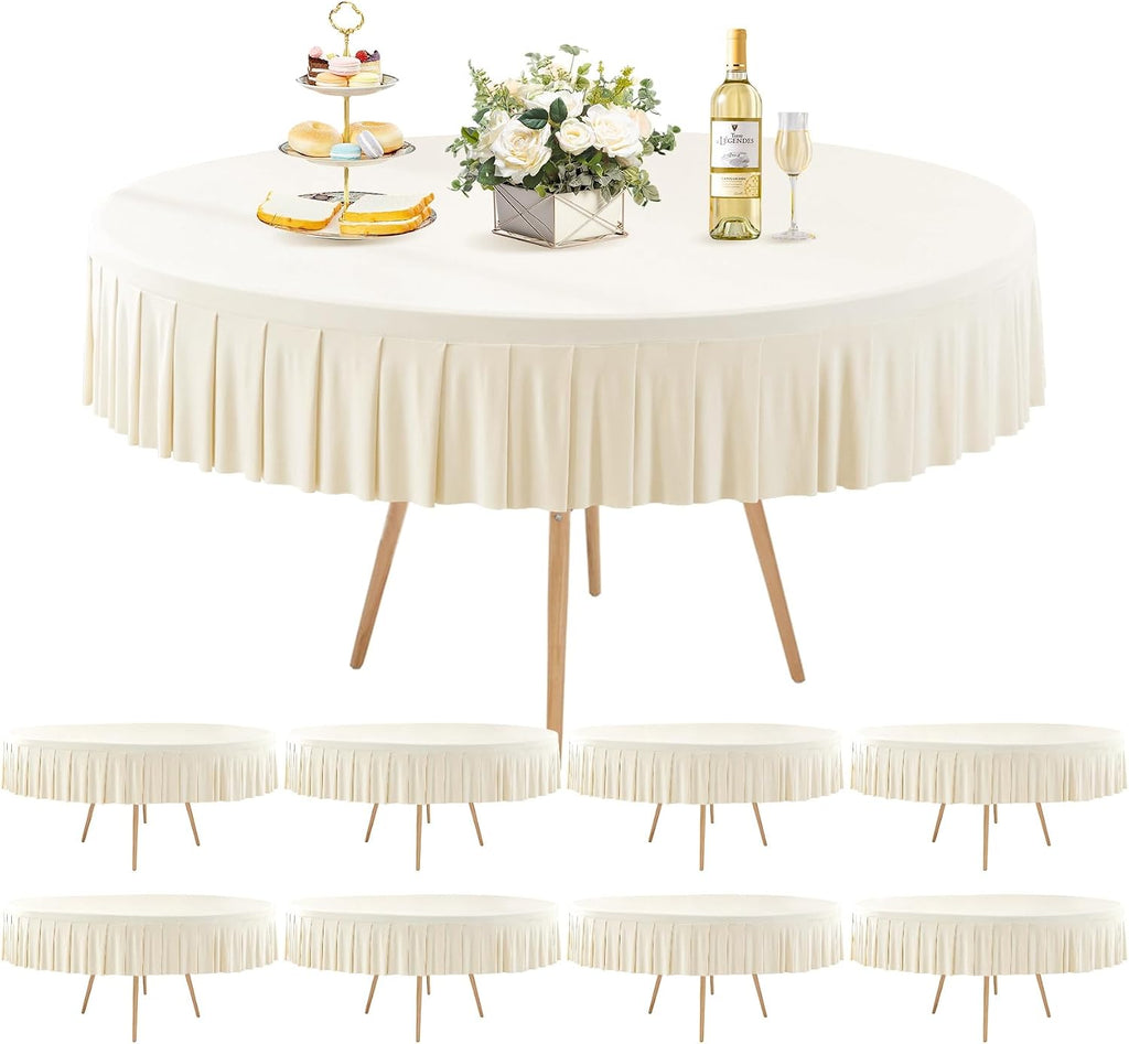 8 Pack Ivory Spandex Round Tablecloths for 60 inch Tables, Stretchy Fitted 5FT Round Table Cloths with Skirt for Wedding Party Dining Banquet