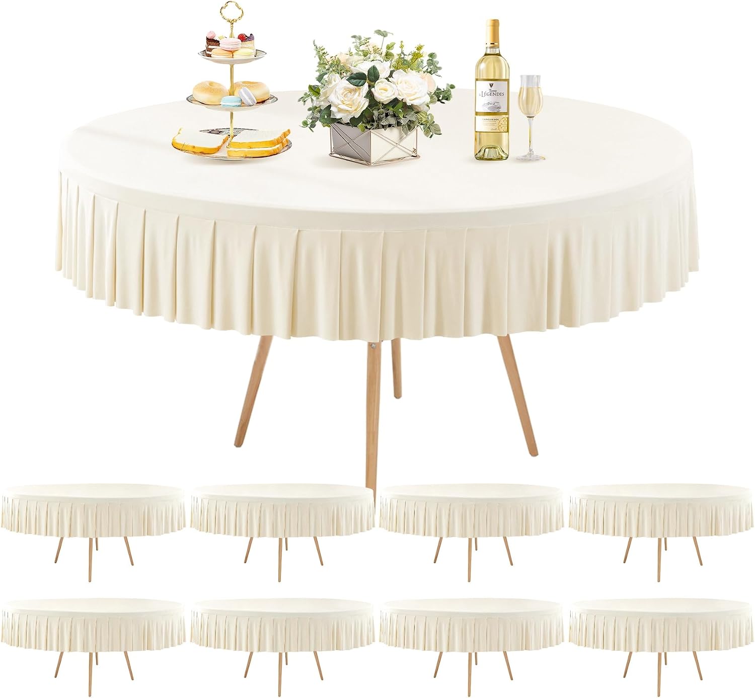 8 Pack Ivory Spandex Round Tablecloths for 60 inch Tables, Stretchy Fitted 5FT Round Table Cloths with Skirt for Wedding Party Dining Banquet
