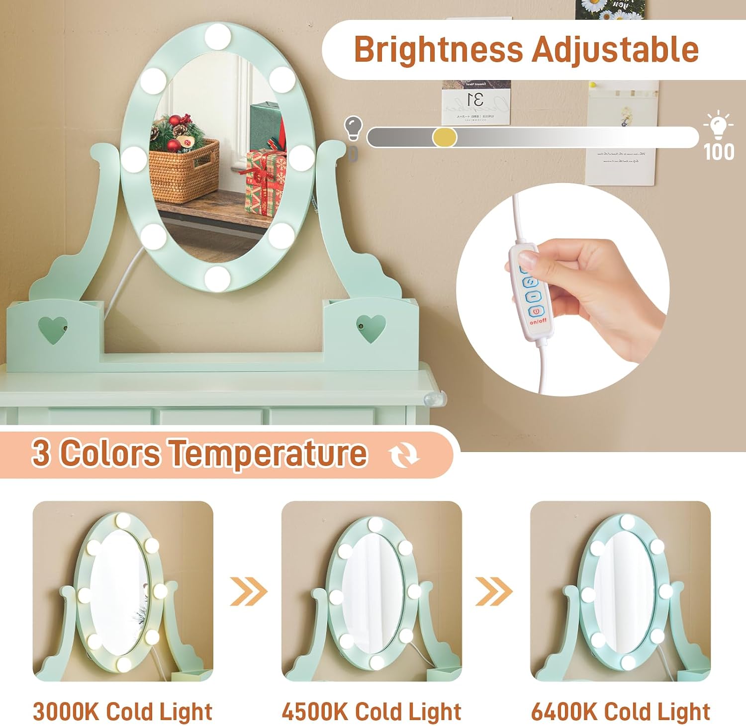 Karl home Kids Vanity Table and Chair Set, Princess MDF Dressing Table with 3-Color LED Lighted Mirror and 3 Drawers, Lovely Waved Design for Toddler's Bedroom and Playroom Decor, Macaroon Green