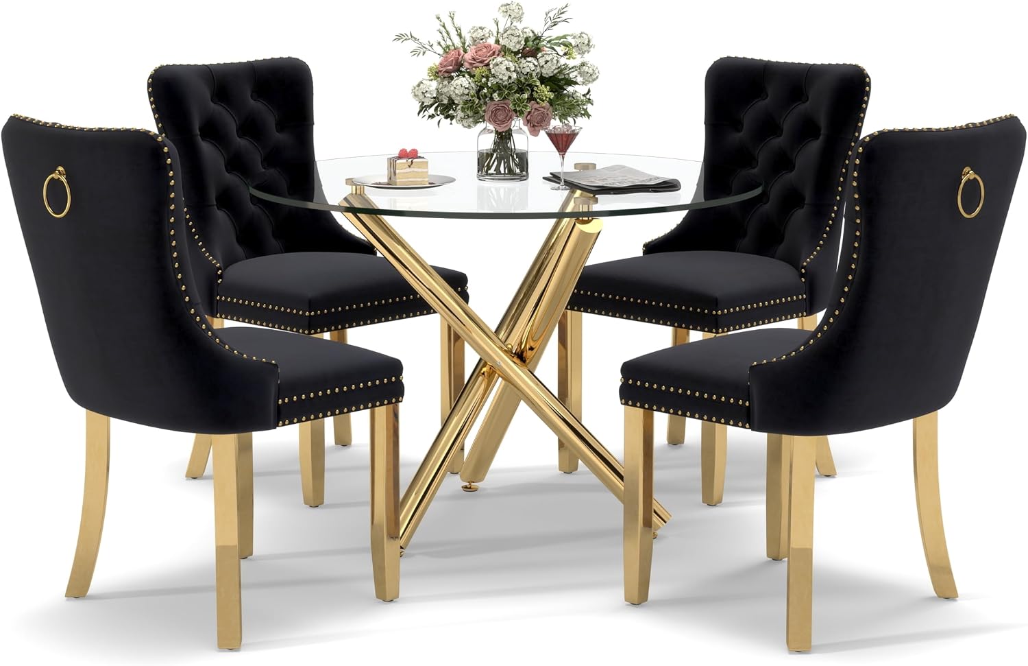 5 Pieces Gold Round Glass Dining Table Set, Modern Luxury Circle Kitchen Set for 4, 39'' Clear Minimalist Circular Glass Top Dinner Room Set, Black High-end Tufted Chairs, for Small Place