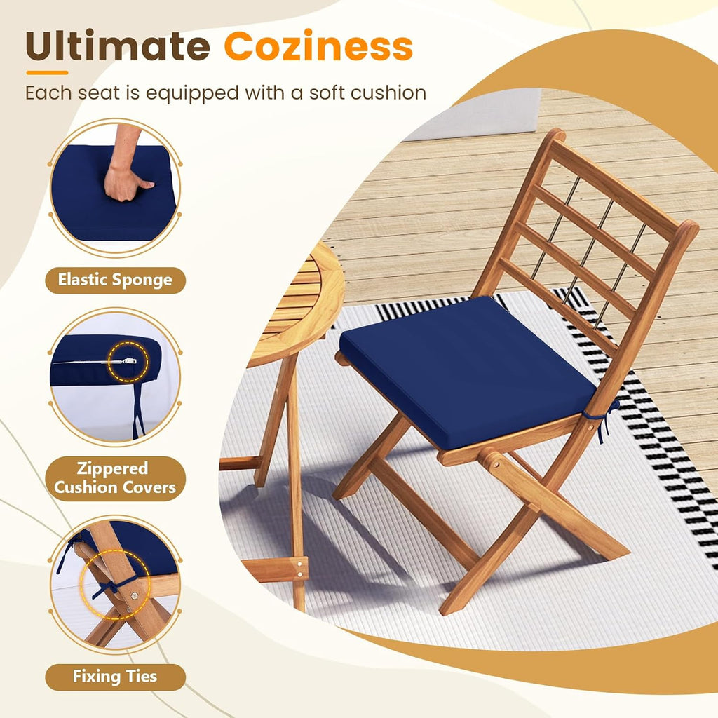 Tangkula 3 Piece Patio Wood Bistro Set, Folding Table Chair Set w/Soft Seat Cushions, Acacia Wood Frame, High-Back Portable Chairs w/Table for Backyard, Poolside (Navy)