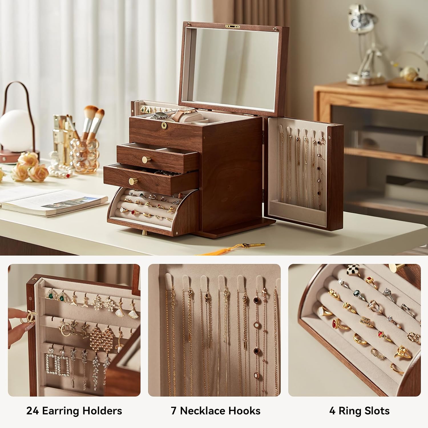 Black Walnut Wooden Jewelry Box, Wood Jewelry Organizer with 2 Side Doors Mirror Lockable Classical for Watch Necklace Ring Earring Ideal Gift-4 Layer with Curved Ring Grooves