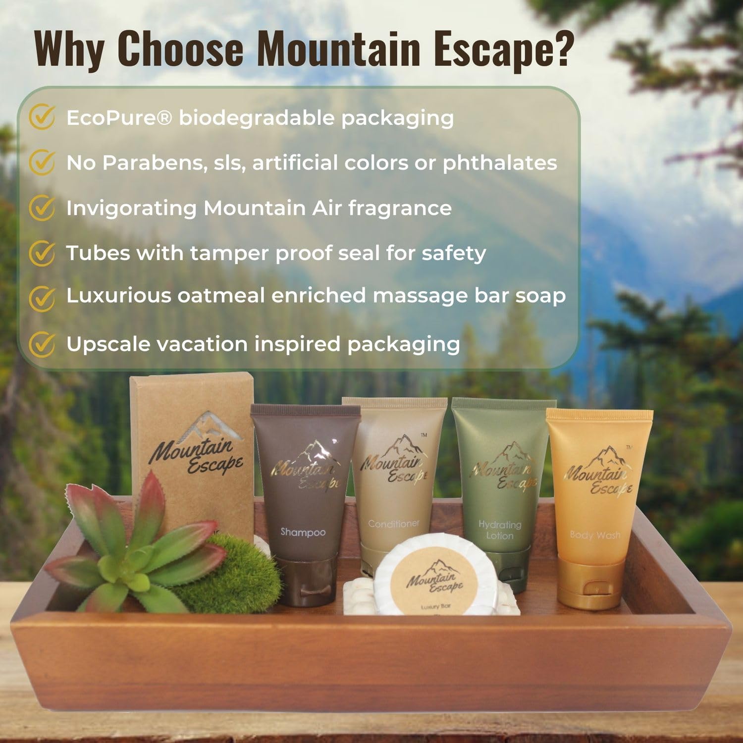 Mountain Escape - Premium Hotel Soaps & Toiletries Bulk Set with 1oz Travel Size Shampoo and Conditioner, Body Wash, Lotion, and 2 guest Soaps - Rental Ready Amenities Kit (120 Pieces)