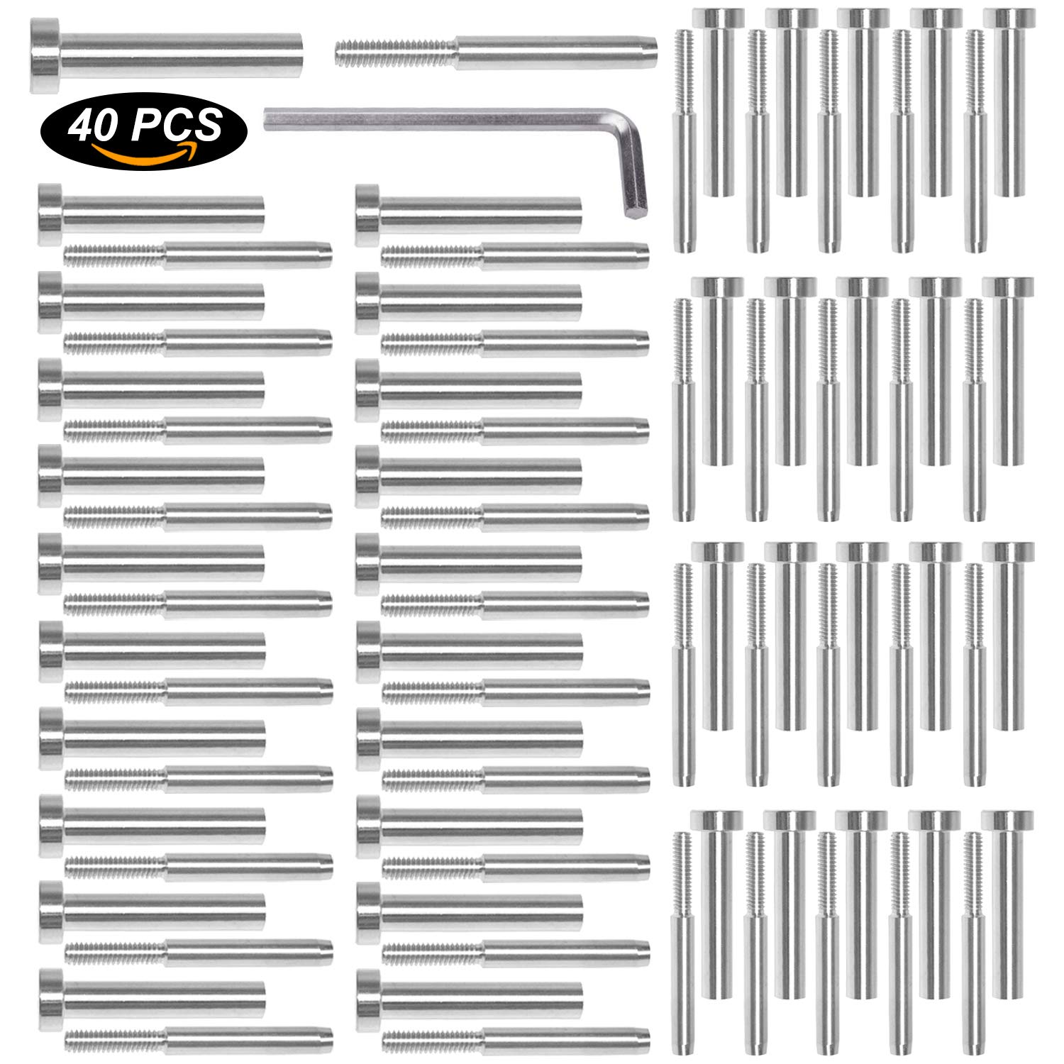 CKE 40 Pack Stainless Steel Invisible Receiver and Swage Stud End for 3/16 Inch Cable Railing, Deck Stair Threaded End Fitting for Wood & Metal Post