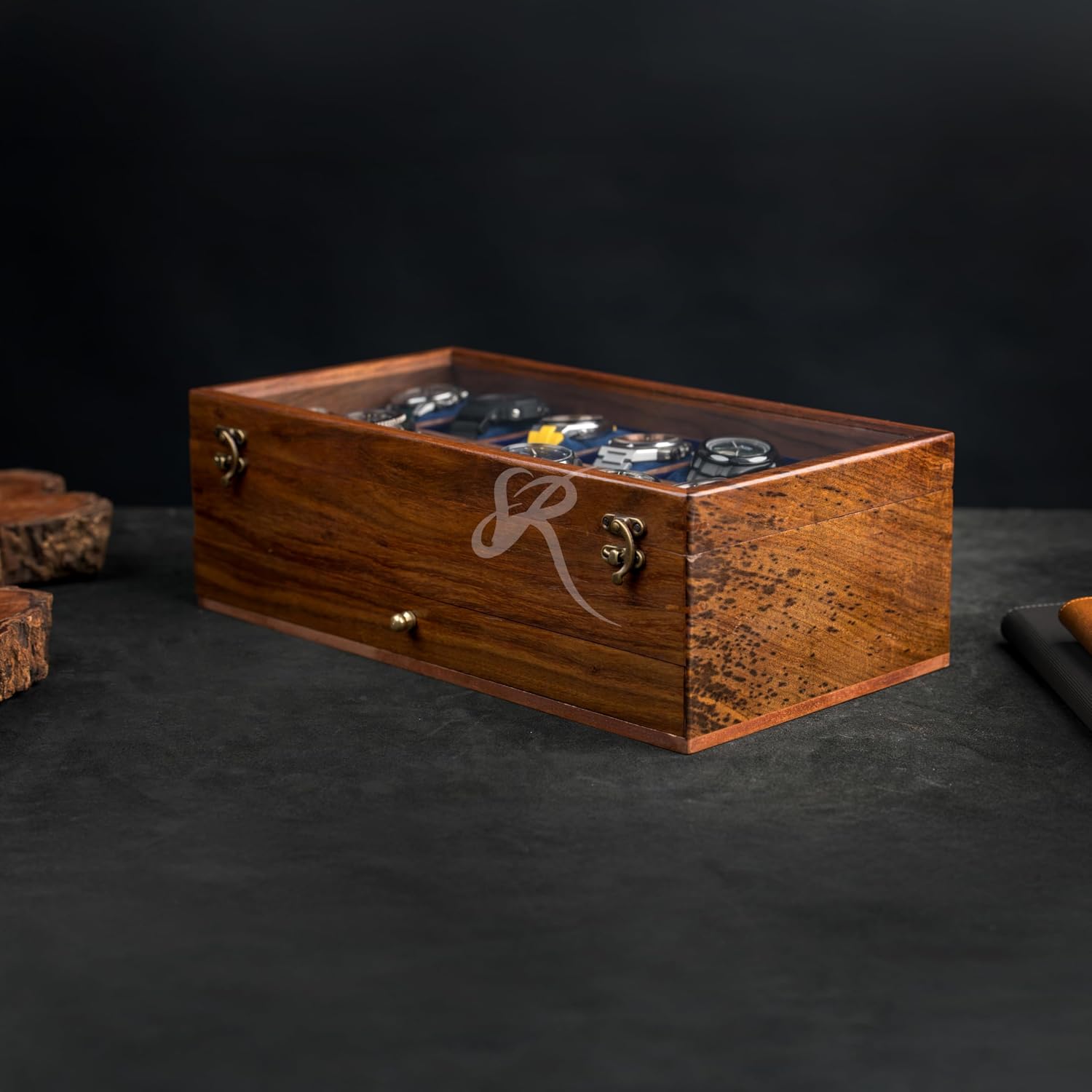 Royal Craft Expertise Personalized Watch Box with Drawer, Indian Rosewood Watch Box for Men, Handmade Watch Case, Custom Mens Drawer Watch Box with Velvet Lining, Made for Special Days.