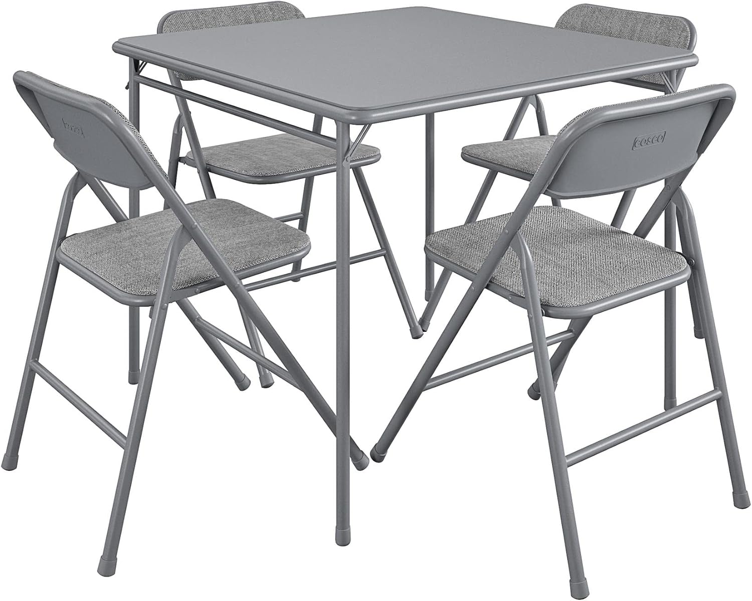 CoscoProducts Premium 5-Piece Table & Chair Dining Set, with 34' Vinyl Top Card Table and 4 Fabric Padded Seat & Back Folding Chairs, Gray