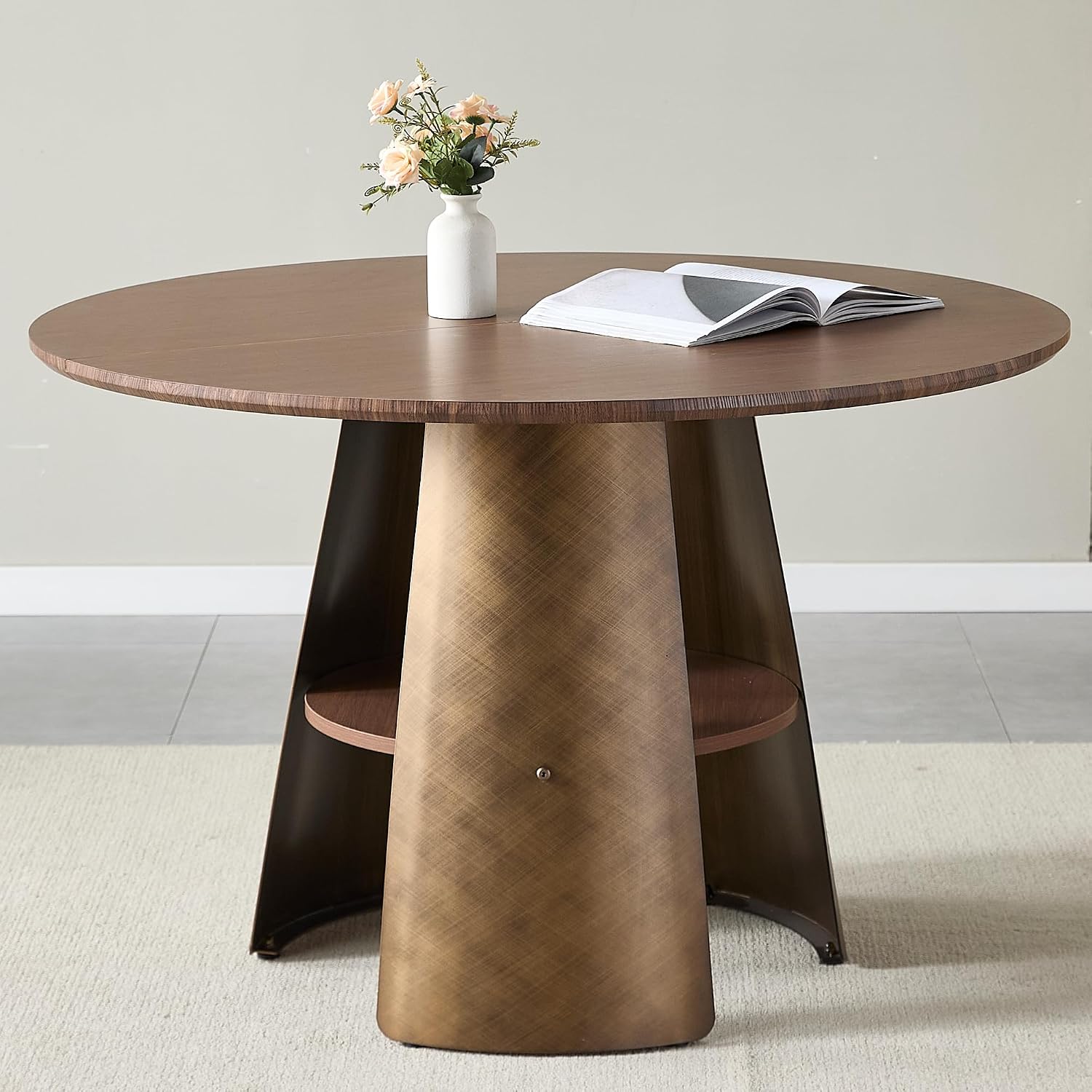 47' Round Dining Table for 4 to 6, Mid Century Modern Dining Table with Brushed Carbon Steel Base & Storage Shelf, Space Saving Kitchen Dining Room Table for Living Room Apartment Small Space, Walnut