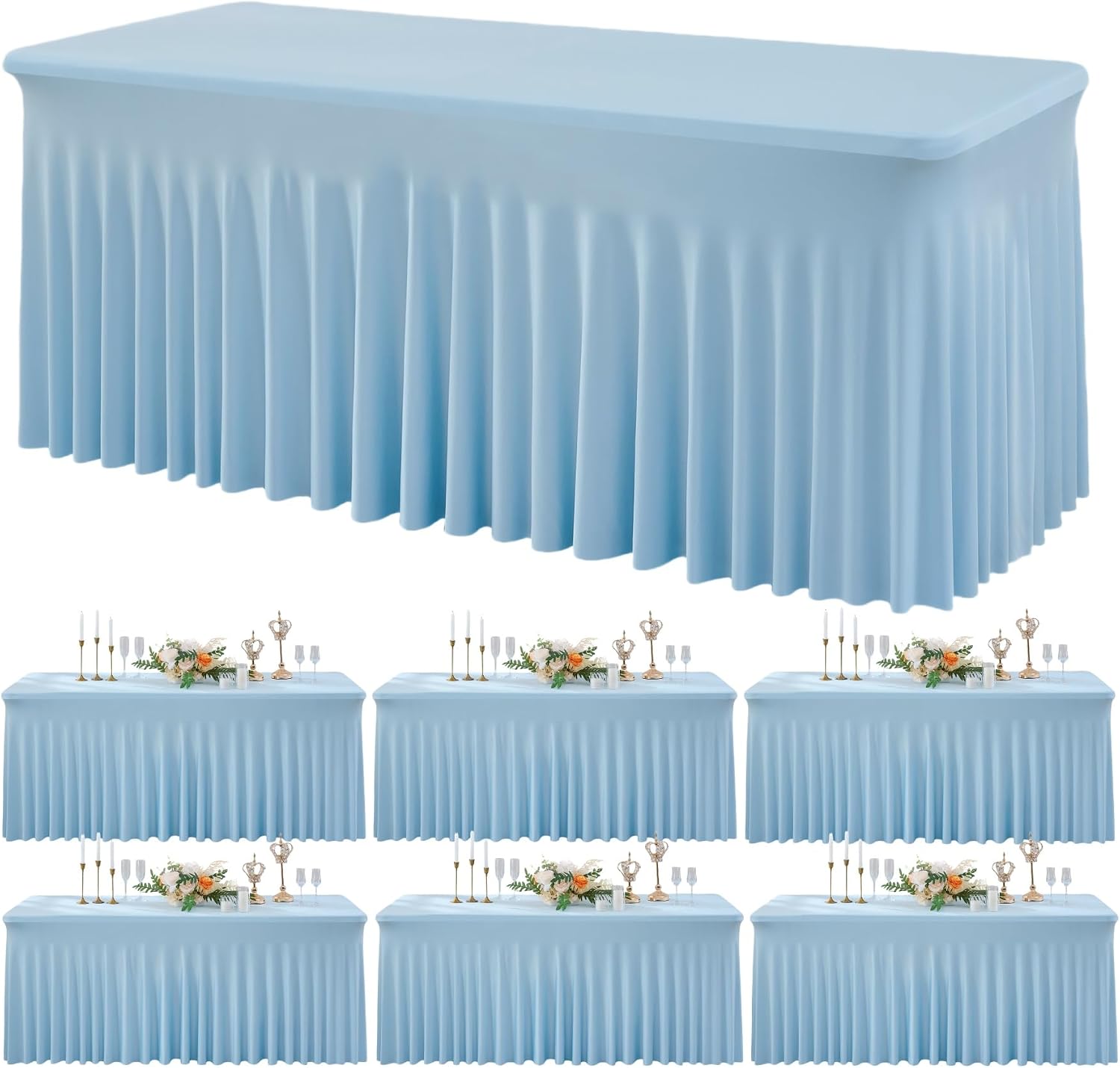 Outpain 6Pack Baby Blue 8FT x 8FT Rectangular Spandex Polyester Blend Tablecloth for Standard Folding Tables - Set of 6